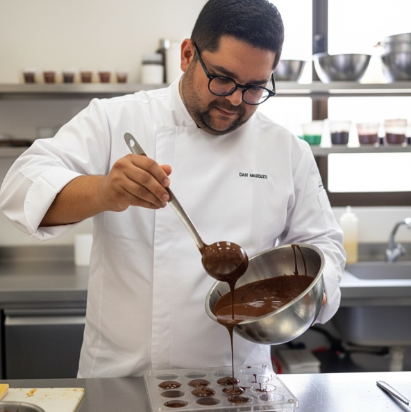 Daniel Marques despejando chocolate temperado em formas